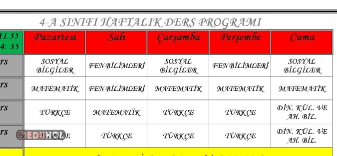 4-A SINIFI HAFTALIK DERS PROGRAMI-2