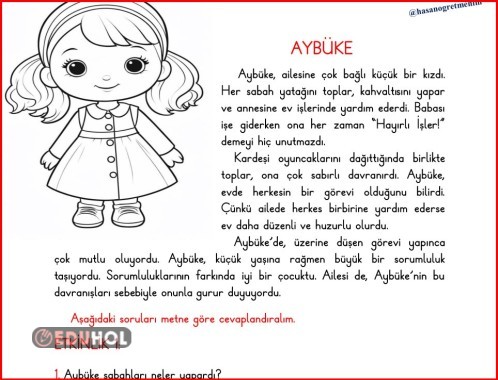 Aybüke: Metni oku, soruları cevapla ve resmi boya..