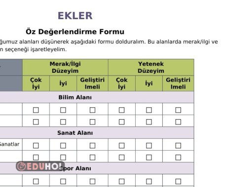 EKLER Öz Değerlendirme Formu