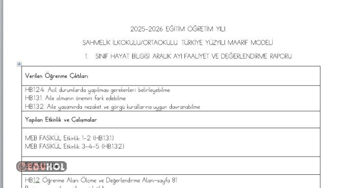 TÜRKİYE YÜZYILI MAARİF MODELİ 1.SINIF HAYAT BİLGİSİ DERSİ ARALIK