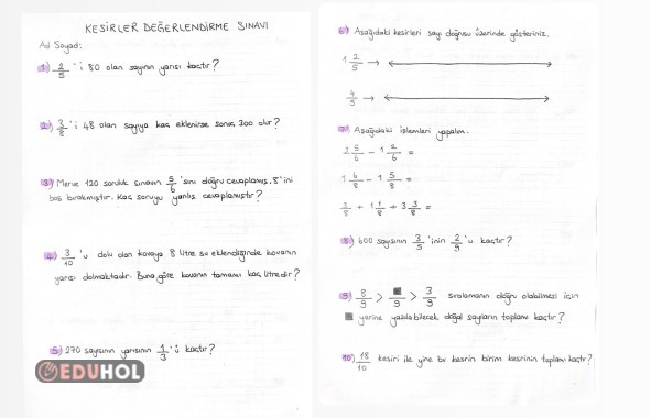 4.sınıf Kesirler Değerlendirme Sınavı