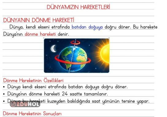 Fen Bilimleri Dünya'nın Dönme Hareketi Defter Notu