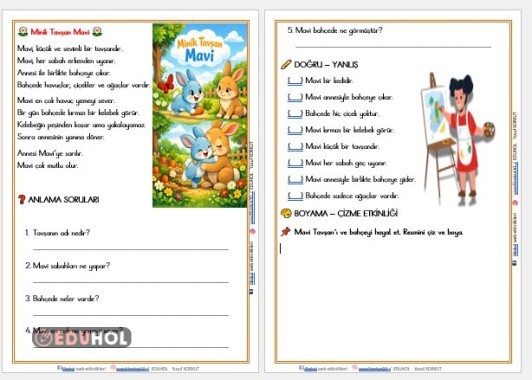 1. SINIF 'MİNİK TAVŞAN MAVİ 'OKUMA ANLAMA VE DEĞERLENDİRME ETKİNLİĞİ