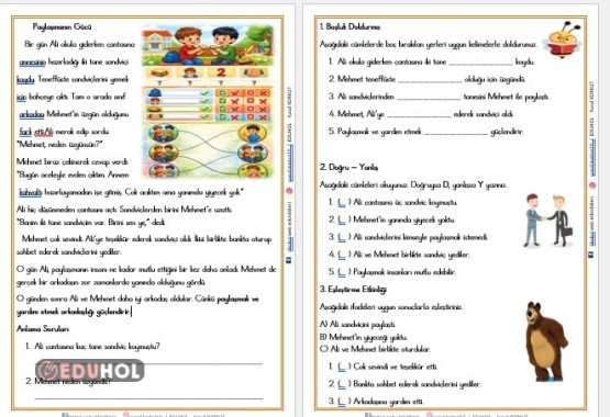 2. ''PAYLAŞMANIN GÜCÜ'' OKUMA ANLAMA METNİ VE DEĞERLENDİRME ETKİNLİĞİ