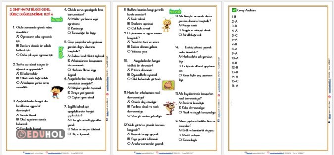 2. SINIF  HAYAT BİLGİSİ GENEL SÜREÇ DEĞERLENDİRME TESTİ 6