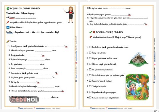 2. SINIF HAYAT BİLGİSİ YÖNETİM BİRİMLERİ ÇALIŞMA YAPRAKLARI