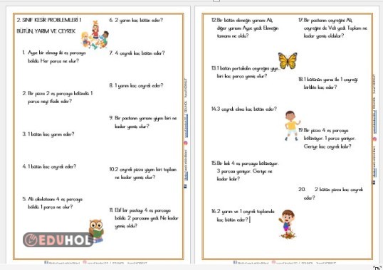 2. SINIF MATEMATİK KESİR PROBLEMLERİ 2...BÜTÜN ,YARIM VE ÇEYREK
