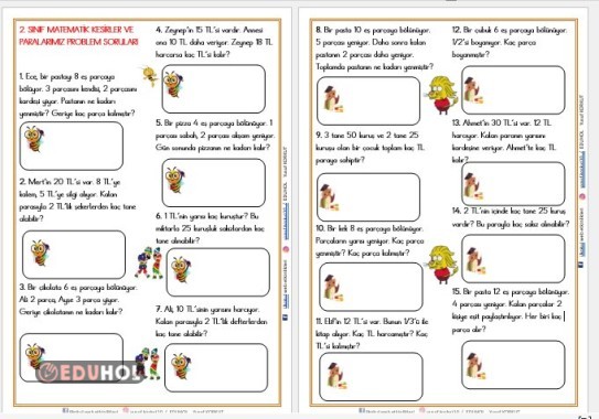 2. SINIF MATEMATİK KESİRLER VE  PARALARIMIZ  PROBLEM SORULARI
