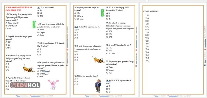 2. SINIF MATEMATİK KESİRLER VE  PARALARIMIZ  TESTİ