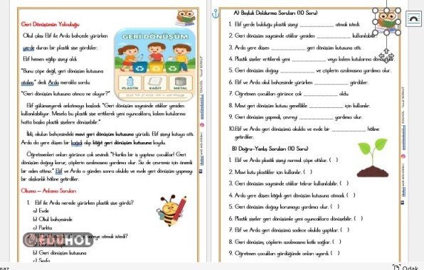 2. SINIF ''GERİ DÖNÜŞÜMÜN  YOLCULUĞU'' OKUMA ANLAMA METNİ VE DEĞERLENDRME ETKİNLİĞİ