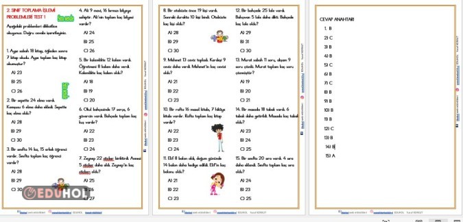 2. SINIF  TOPLAMA İŞLEMİ PROBLEMLERİ TEST 1
