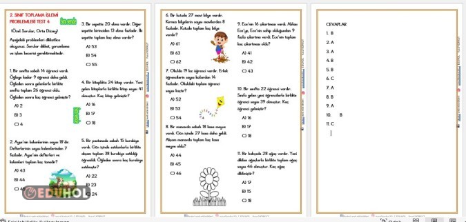 2. SINIF  TOPLAMA İŞLEMİ PROBLEMLERİ TEST 4