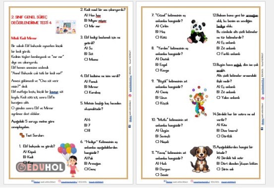 2. SINIF TÜRKÇE GENEL SÜREÇ DEĞERLENDİRME TESTİ 4