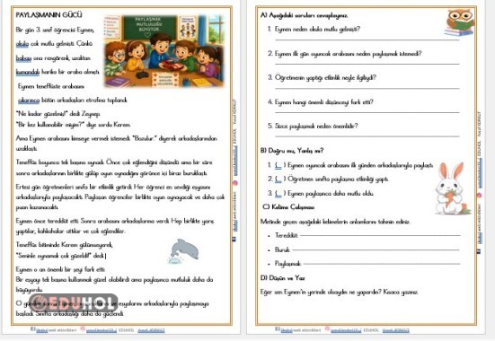 3. SINIF '' PAYLAŞMANIN GÜCÜ ''  OKUMA ANLAMA METNİ NE DEĞERLENDİRME ETKİNLİĞİ