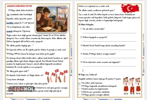 3 VE 4. SINIF '' Zamanı Durduran Defter '' OKUMA ANLAMA METNİ VE DEĞERLENDİRME ETKİNLİĞ