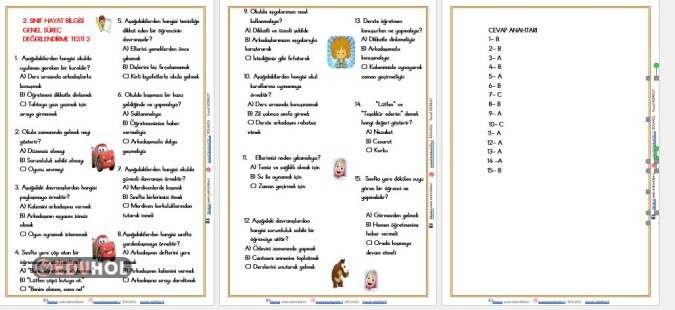 HAYAT BİLGİSİ  SÜREÇ DEĞERLENDİRME TESTİ 2