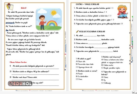 ''BULUT'' OKUMA ANLAMA METNİ VE DEĞERLENDİRME ETKİNLİĞİ