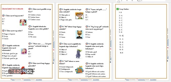 ÜNLEM İŞARETİ (!) TEST SORULARI