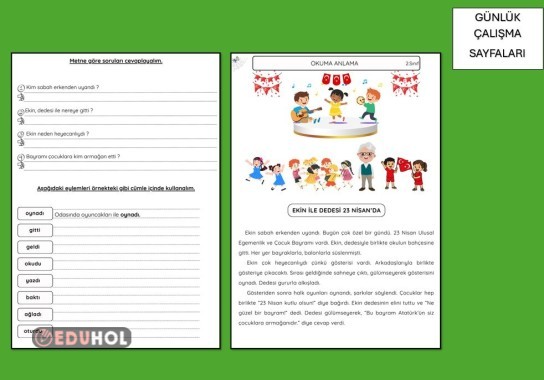 23 NİSAN OKUMA ANLAMA , EYLEM , CÜMLE OLUŞTURMA ÇALIŞMA SAYFASI