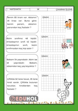 ÇIKARMA İŞLEMİ KARŞILAŞTIRMA PROBLEMLERİ ÇALIŞMA KAĞIDI