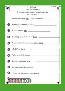 KARŞILAŞTIRMA İFADELERİ CÜMLE TAMAMLAMA ÇALIŞMA KAĞIDI