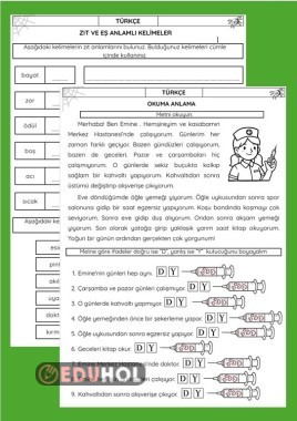 OKUMA ANLAMA EŞ VE ZIT ANLAM ÇALIŞMA KAĞIDI