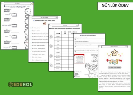 OKUMA ANLAMA , ÖZEL SİM CİNS İSİM, YÖNERGE , 23 NİSAN BOYAMA, SAATLER