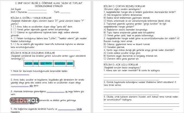 2. SINIF HAYAT BİLGİSİ 3.TEMA AİLEM VE TOPLUM TEMASI DEĞERLENDİRMESİ