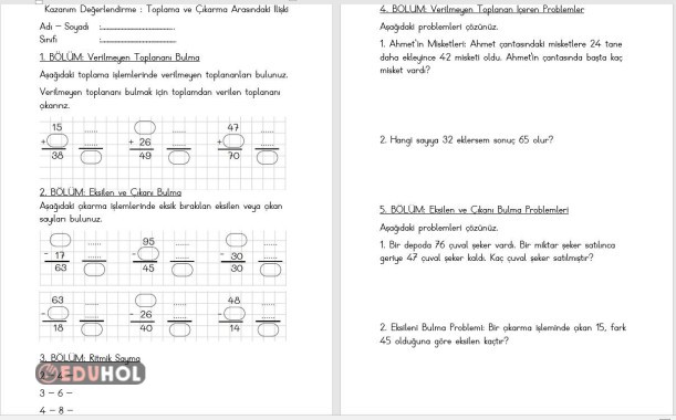 Matematik Kazanım Değerlendirme : Toplama ve Çıkarma Arasındaki İlişki