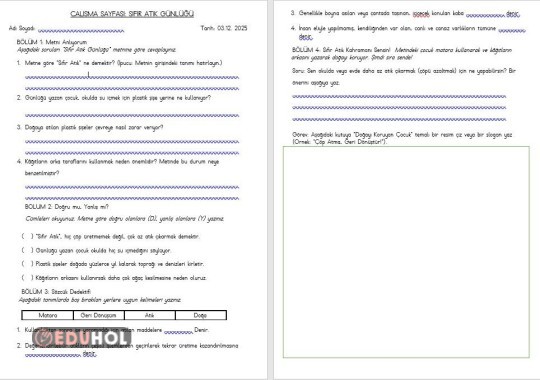 SIFIR ATIK GÜNLÜĞÜ METNİ ETKİNLİK SAYFASI