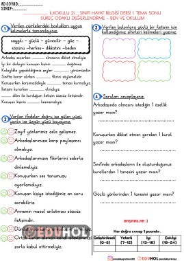 HAYAT BİLGİSİ 1. TEMA DEĞERLENDİRME - BEN VE OKULUM