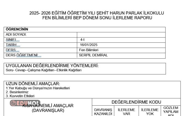 4.Sınıf 2025-2026 Fen Bilimleri 1.Dönem Sonu Rapor