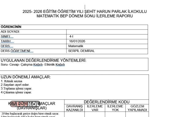4.Sınıf 2025-2026 Matematik 1.Dönem Bep Planı
