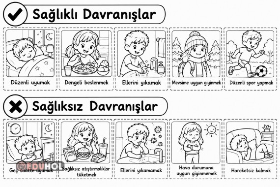 Sağlıklı ve Sağlıksız Davranışlar Deftere Yapıştırma Siyah Beyaz