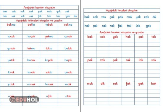 BASARA BAK CAK VAK HECE KELİME YAZMA ÇALIŞMASI