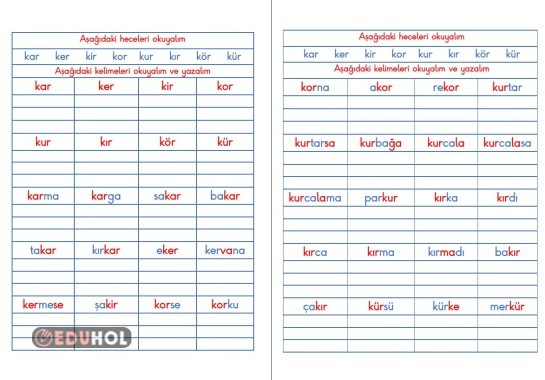 BASARA KAR KER KİR HECELERİ İLE KELİME OKUMA YAZMA ÇALIŞMASI