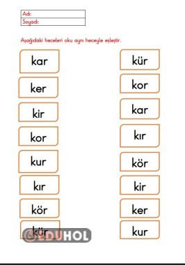 BASARA KAR KER KİR HECELERİ OKUMA EŞLEME ÇALIŞMASI