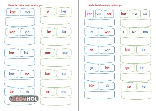 BASARA KAR KER KİR KOR KUR HECELERİ İLE KELİME OLUŞTURMA ÇALIŞMASI