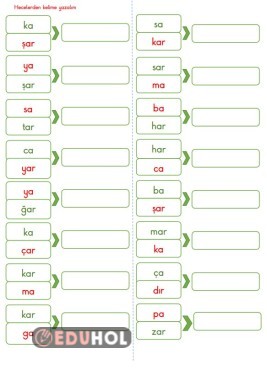 BASARA KAR YAR BAR HECEDEN KELİME OLUŞTURMA YAZMA ÇALIŞMASI