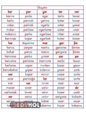 BASARA KAR YAR BAR KELİME OKUMA ÇALIŞMASI