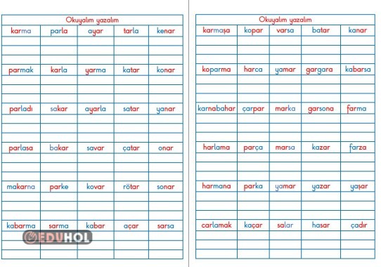 BASARA KAR YAR BAR KELİME OKUMA YAZMA ÇALIŞMASI