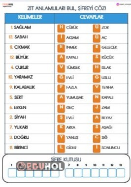 ZIT ANLAMLI KELİMELER ŞİFRELİ ETKİNLİK-1