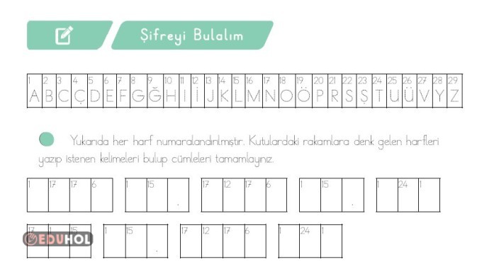 1. grup seslerle ilgili kelime ve cümle şifre etkinliği