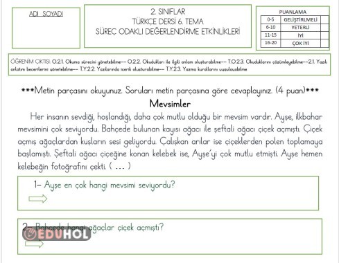 Türkçe 6. tema süreç odaklı değerlendirme etkinliği