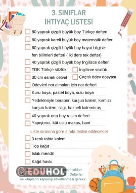3. Sınıf İhtiyaç Listesi