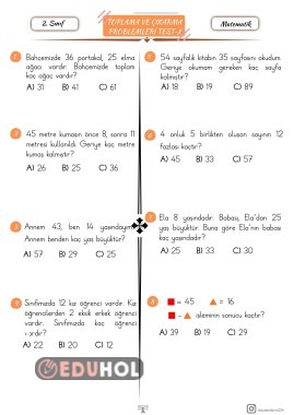TOPLAMA VE ÇIKARMA İŞLEMİ PROBLEMLERİ TEST